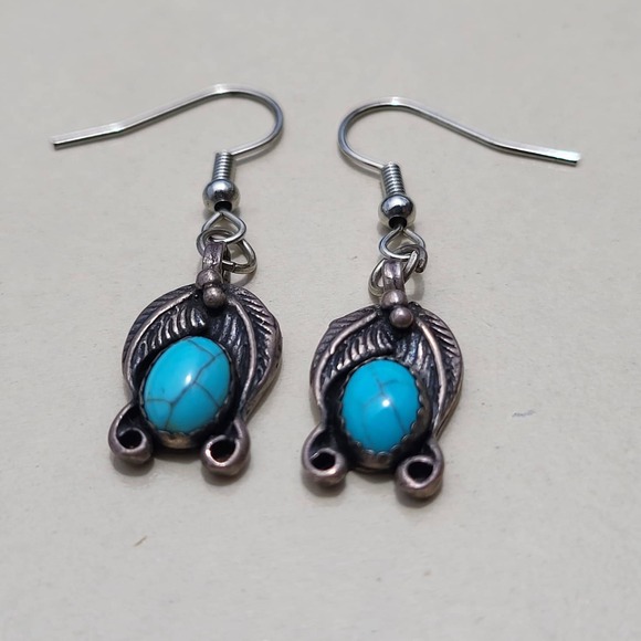 Vintage Jewelry - Vintage 925 Sterling Silver Turquoise Dangle Earrings Blue Southwestern Feather